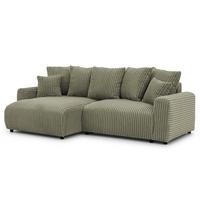 ECKSOFA Calma mit Schlaffunktion und Bettkasten im Bumpy-Design aus weichem Olive Plüschcord - Ottomane links - Schwarz/Grün, Holz/Kunststoff (239/140cm) - S-Style