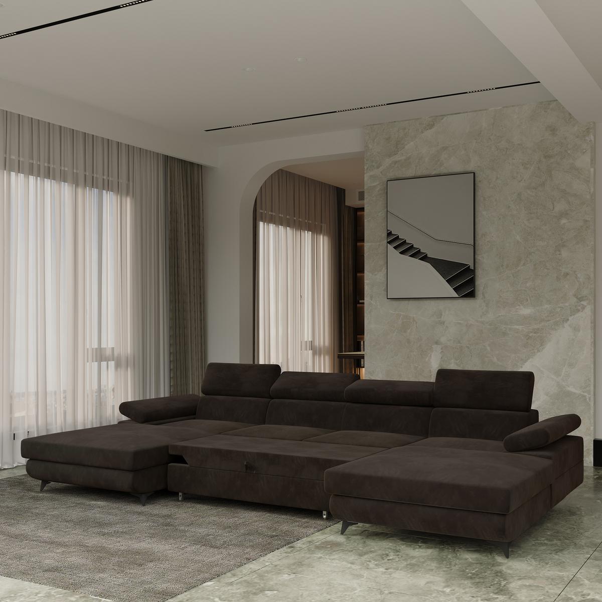 WOHNLANDSCHAFT DETTI Braun Velours-Stoff mit Schlaffunktion - Braun, Holz (339/89/190cm) - MASSENO