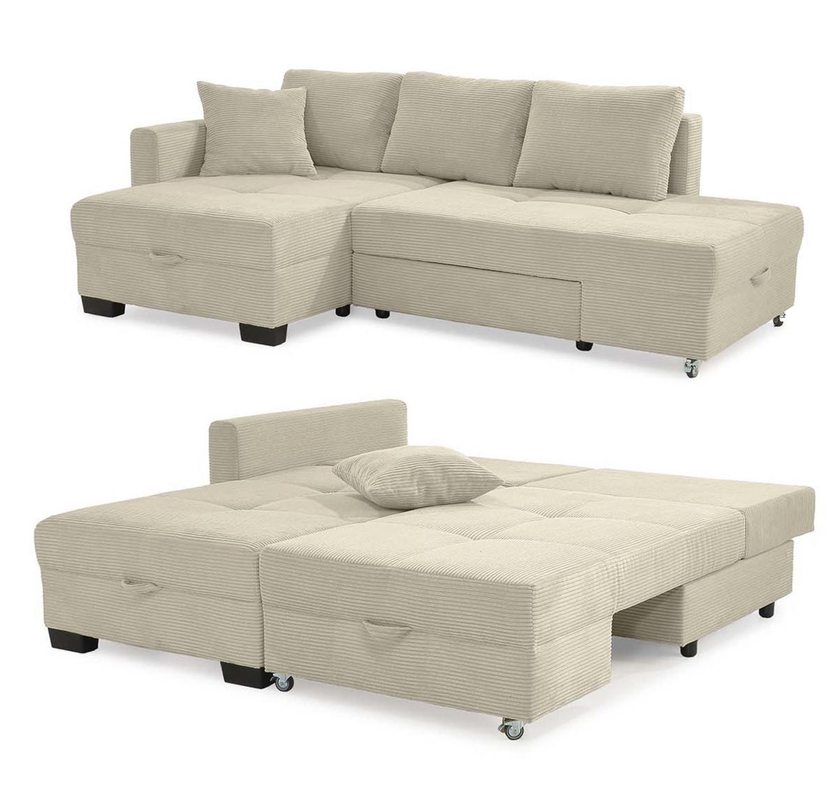 ECKSOFA Doppelbett mit Bettkasten, seitenverkehrt montierbar B247/T155/H87 cm, Liegefläche 183x207 cm, Cord Beige Grau / 15215 - Greige/Schwarz, Kunststoff/Textil (247/155cm) - luma-home