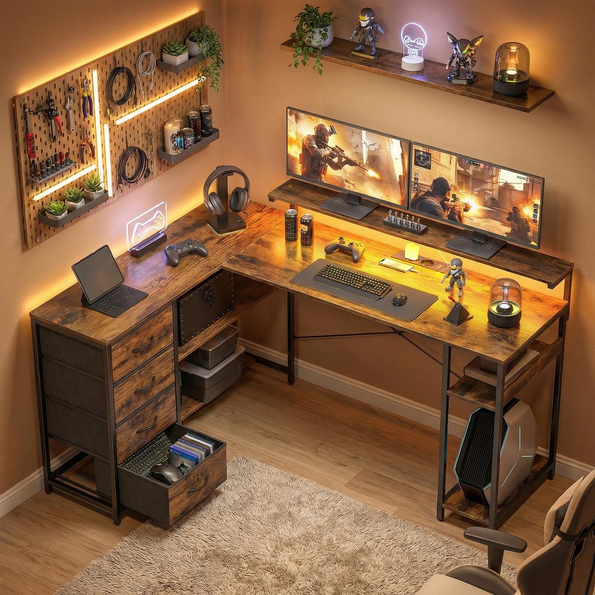 GAMING TISCH aus Spanplatte Stahl Rustikal-Braun - Schwarz/Braun, Holzwerkstoff (155/110/91.4cm) - HOMCOM