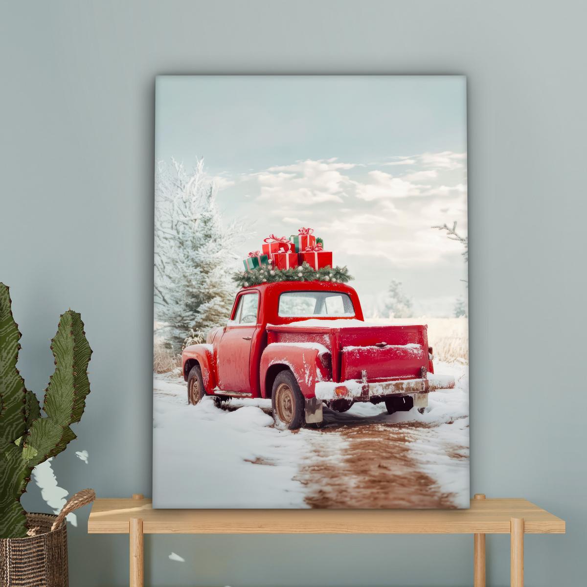 LEINWANDBILD Auto - Rot - Geschenke - Winter - Schnee - Weihnachten Wandbild Wohnzimmer 60x80 cm - Rot, Textil (60/80cm) - MuchoWow