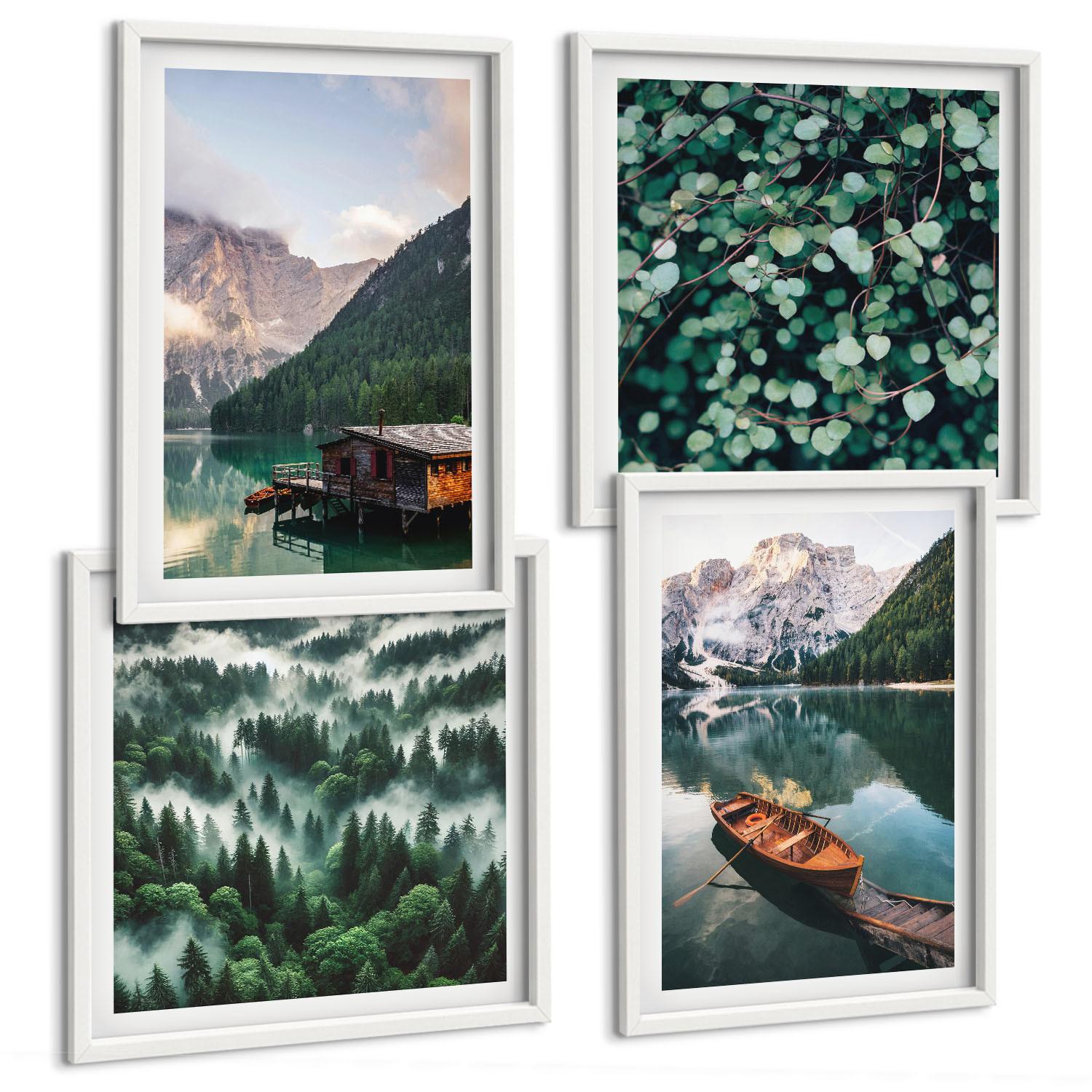BILDER SET 4er Set - 50x50 cm & 40x60 cm Weißer Rahmen - Nebel auf dem Bergsee, Bootsfahrten, Nebel - Weiß, Kunststoff (50/50cm) - TULUP