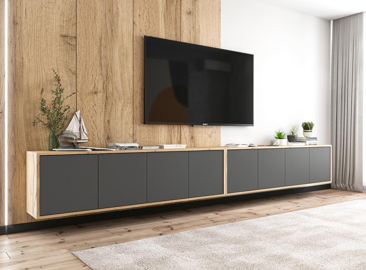 TV-LOWBOARD 2-er Set Apollo2 Eiche wotan Graphit Matt 150 cm - Graphitfarben, Holzwerkstoff (300/39/35cm) - Meble Lindner