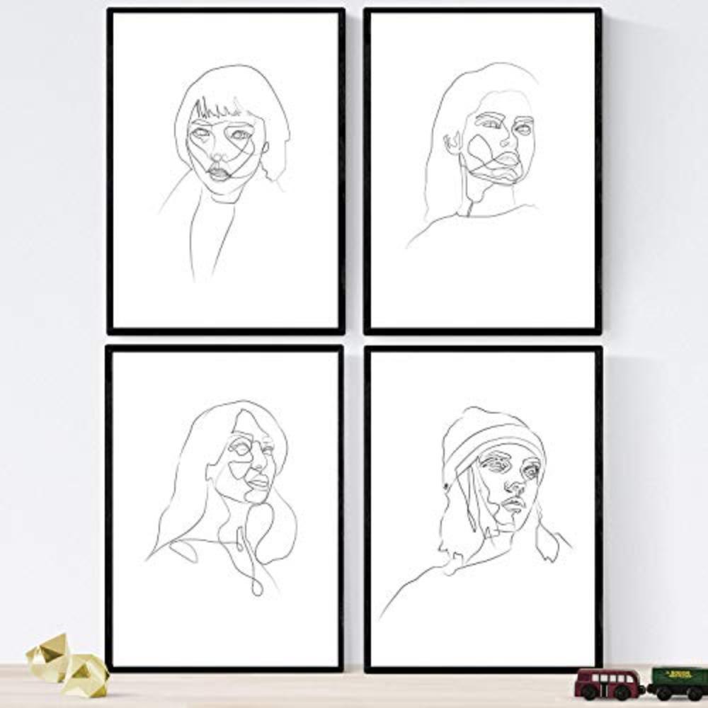 POSTER Set mit 4 Gesichter Frauen 2 A3 Schwarzer Rahmen - Schwarz, Papier (29.7/3cm) - Nacnic
