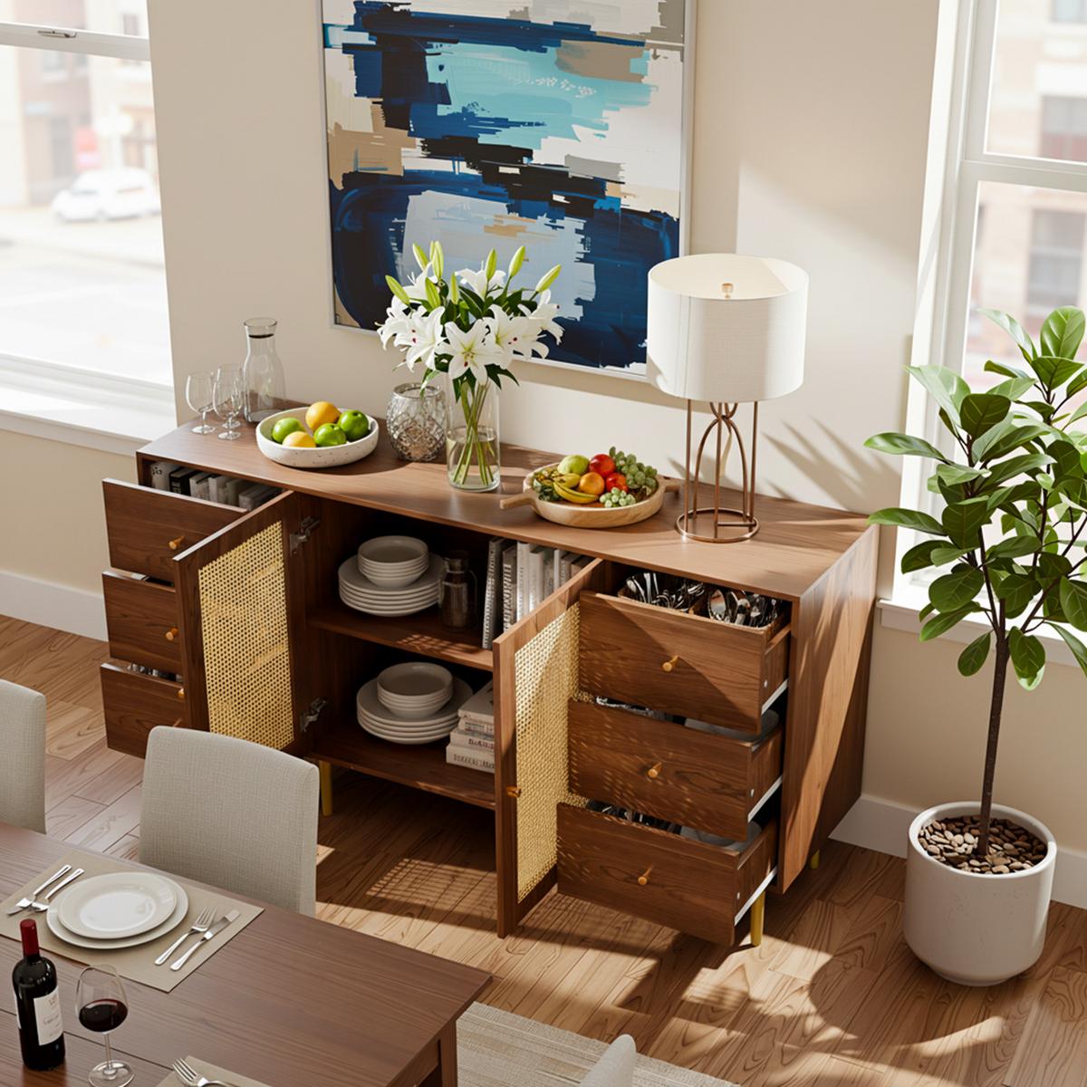 SIDEBOARD 160 cm Holzoptik & Rattan Kommode mit 6 Schubladen und 2 Türen - Eichefarben, Holzwerkstoff (160/90/40cm) - Urban Meuble