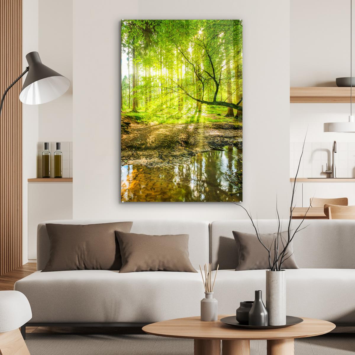ACRYLGLASBILD Wald - Landschaft - Wasser - Bäume - Sonne - Grün - Natur 80x120 cm - Grün, Glas (80/120cm) - MuchoWow