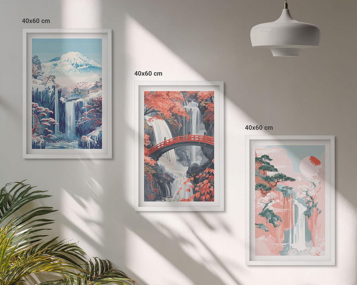 BILDER SET 3er Set - 40x60 cm Weißer Rahmen - Wasserfälle, Berge, Brücken, Bäume - Weiß, Kunststoff (40/60cm) - TULUP