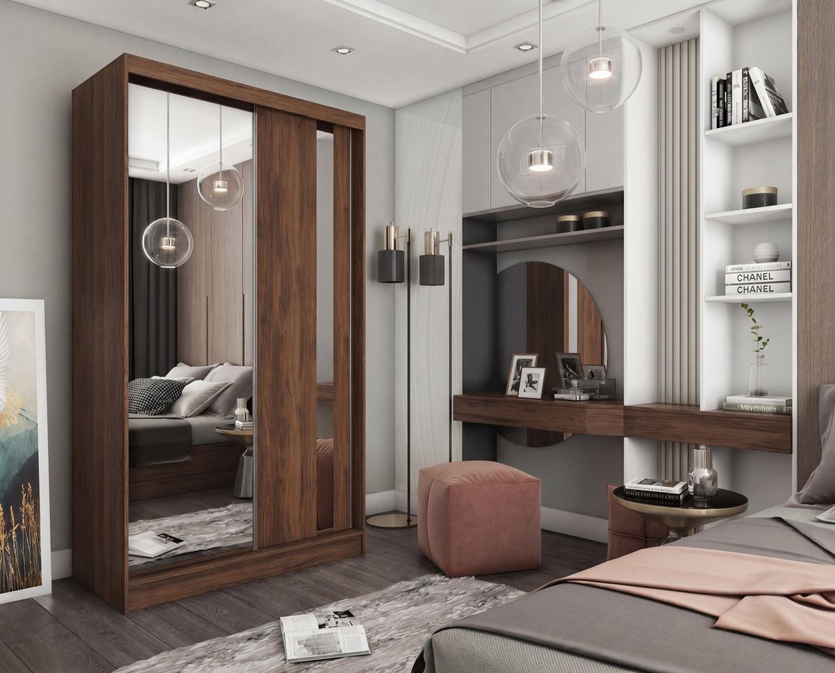 SCHWEBETÜRENSCHRANK GRAZIA 120/216/61 cm Modern Kleiderschrank 2-türig mit Spiegel Nussbaumfarben - Nussbaumfarben, Holzwerkstoff (120/216/61cm) - MASSENO