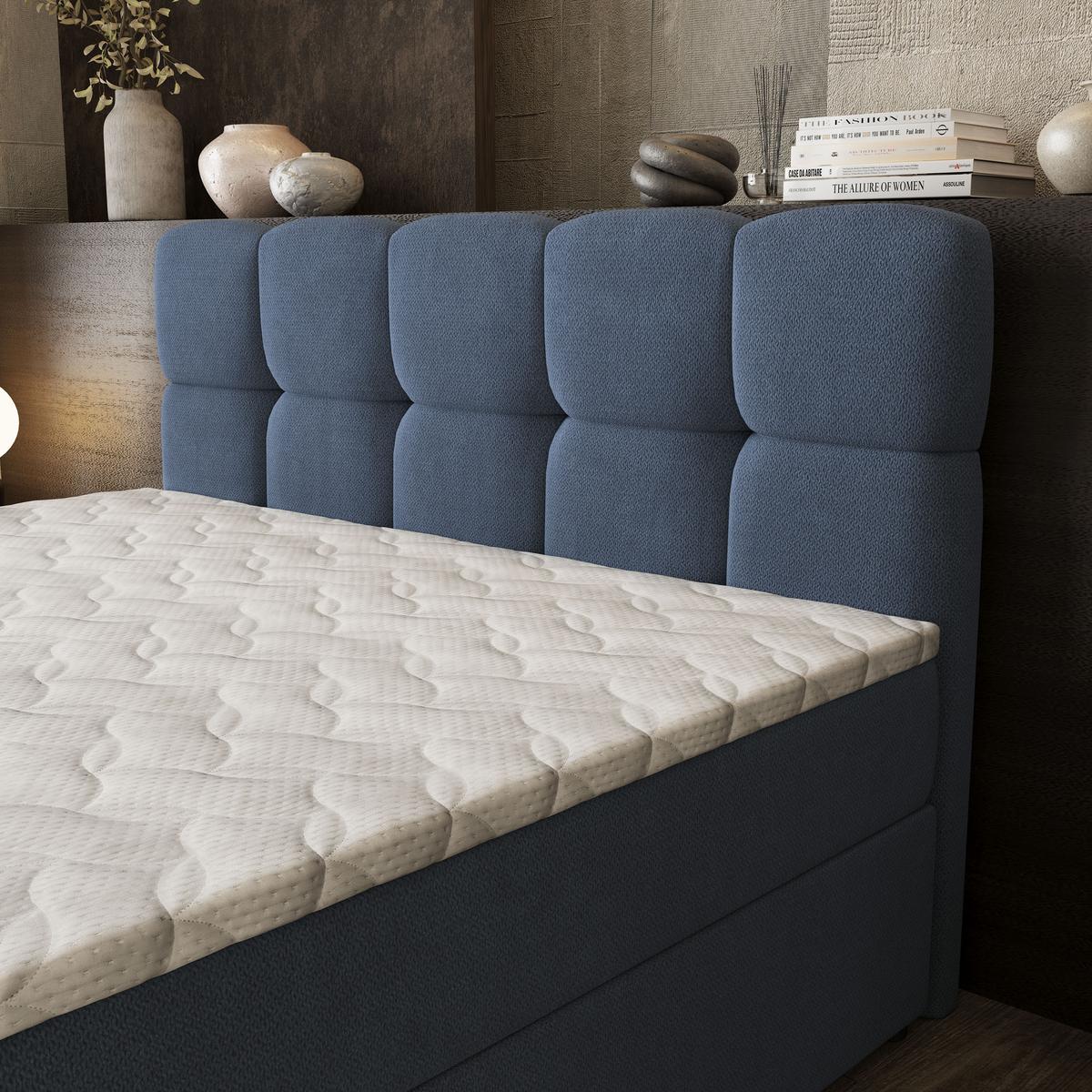 BOXBETT BRUME 200x200 cm mit Matratze und Topper, H2+H3 - Blau - Blau, Holz (200/200cm) - MASSENO