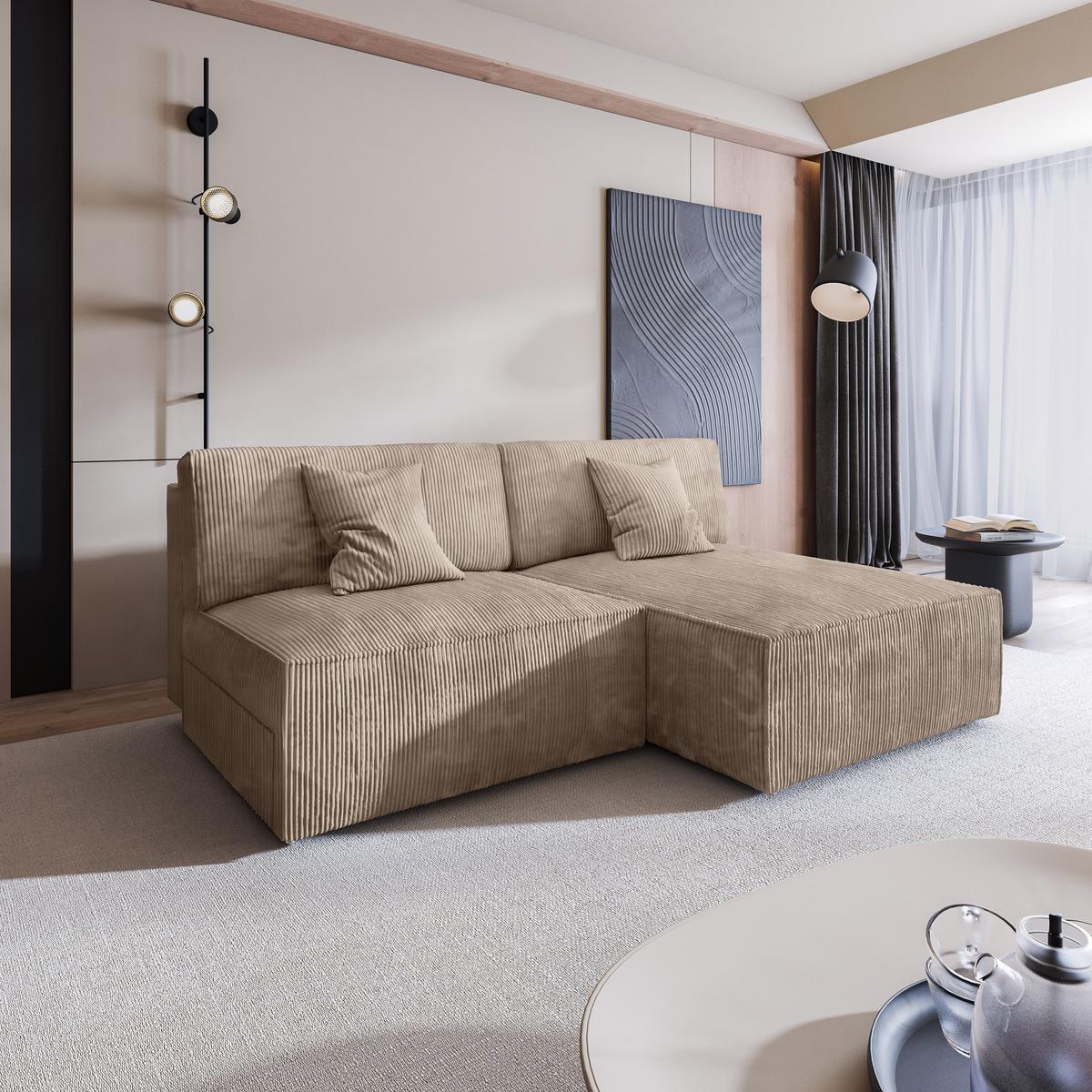 ECKSOFA FIORO P Beige Kordstoff mit Schlaffunktion - Beige/Grau, Holz/Kunststoff (204/148cm) - MASSENO