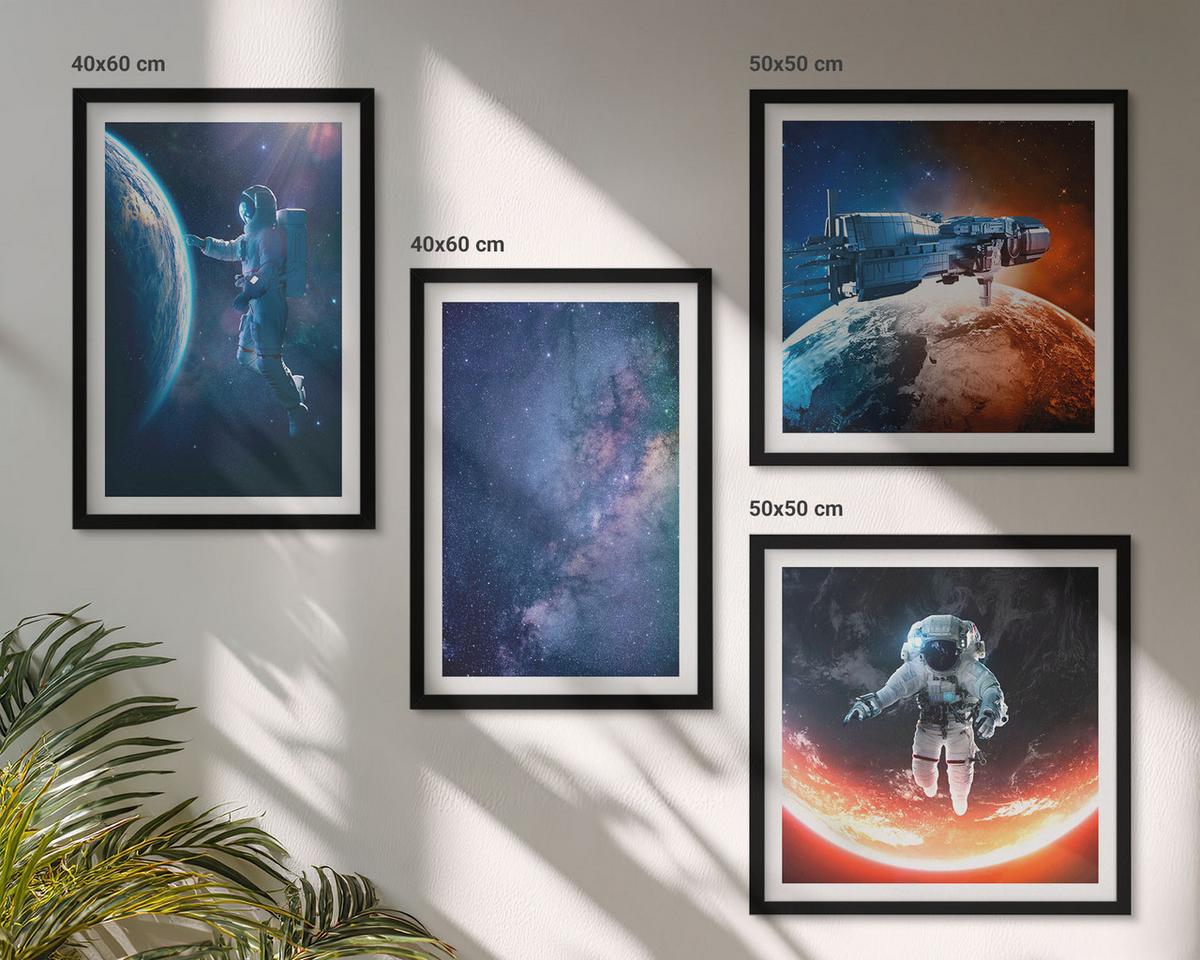 BILDER SET 4er Set - 50x50 cm & 40x60 cm Schwarzer Rahmen - Weltraum-Astronauten-Sterne - Schwarz, Kunststoff (50/50cm) - TULUP
