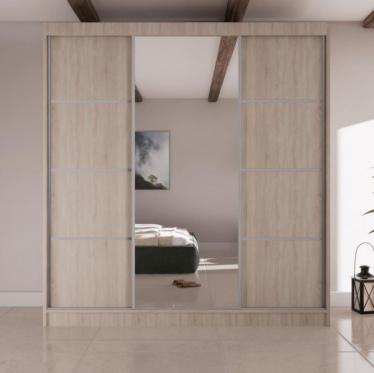 SCHWEBETÜRENSCHRANK Vilo II 200/61/215 eiche sonoma+silber - Silberfarben/Sonoma Eiche, Holzwerkstoff (200/215/61cm) - Beautysofa
