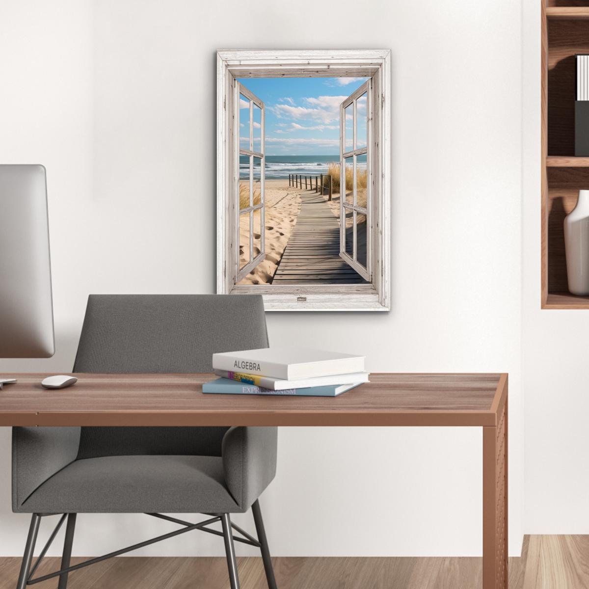 METALLBILD Fenster - Meer - Küste - Natur - Ausblick - Strand - Wattenmeer Deko Schlafzimmer 40x60 cm - Beige, Metall (40/60cm) - MuchoWow