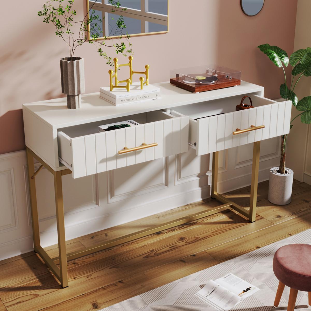 SCHREIBTISCH SET Schreibtisch mit 2 Schubladen Weiß & Gold - Weiß, Holzwerkstoff (45/100/75cm) - Urban Meuble