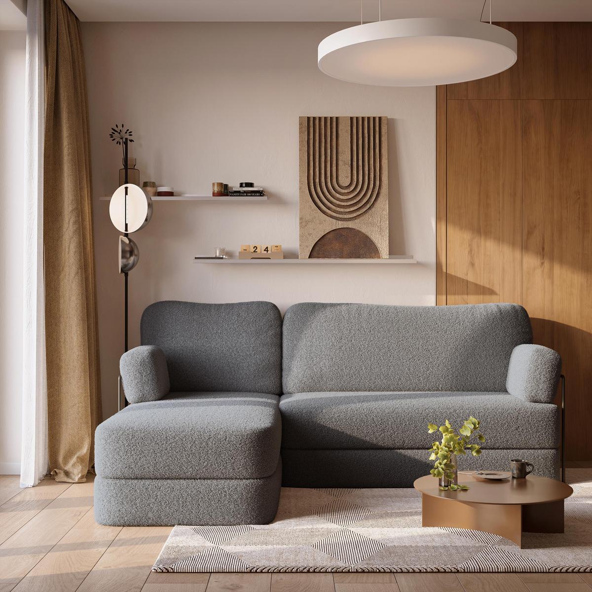 ECKSOFA SABI modulares Boneless Sofa mit Schlaffunktion Grau Boucle-Stoff - Grau, Textil (200/120cm) - MASSENO
