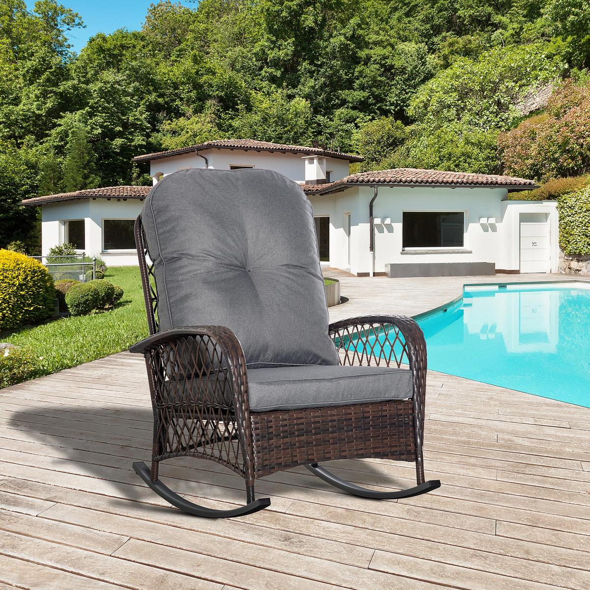 POLY Rattan Schaukelstuhl mit Kissen Braun 75 x 98 x 91 cm - Braun, Kunststoff (98/91/75cm) - Outsunny