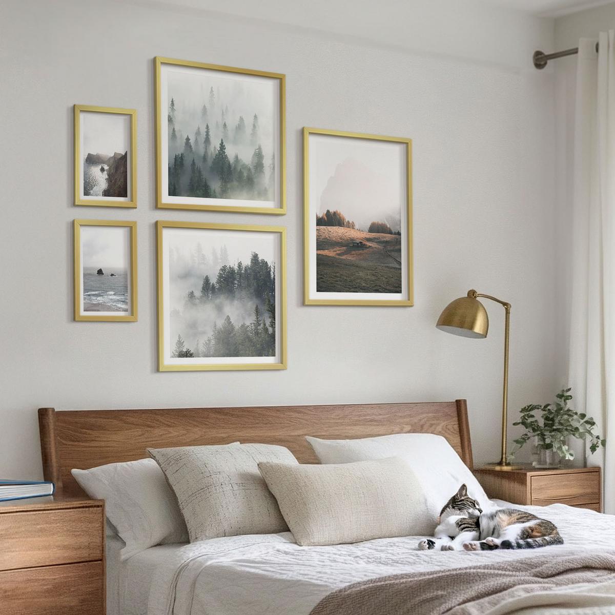 BILDER SET 5er Set - 50x50 cm & 20x30 cm & 40x60 cm Goldrahmen - Landschaften aus Bergen und Meer - Goldfarben, Kunststoff (40/60cm) - TULUP