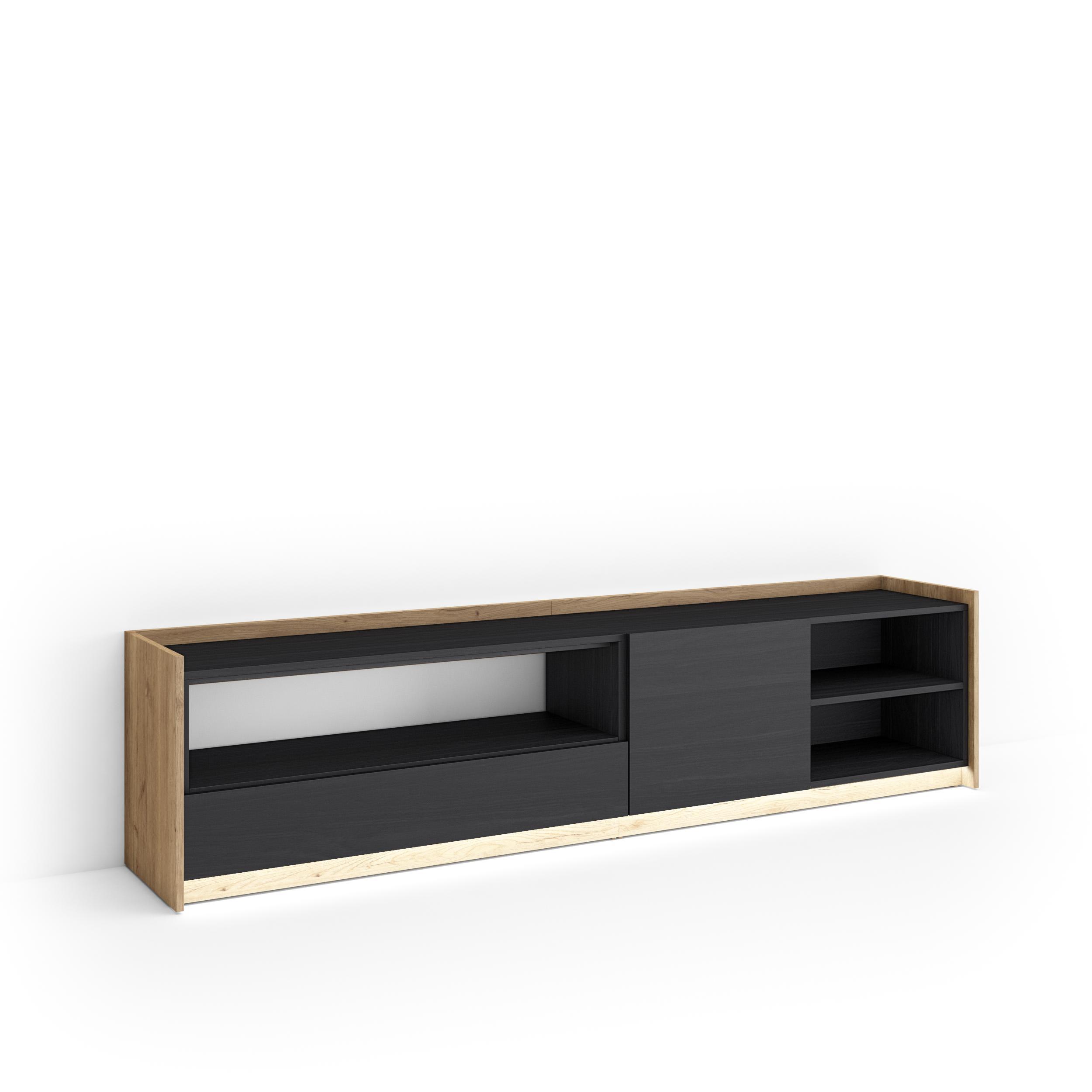 LOWBOARD, Schwarz und Eiche, 207/37/50cm, mit Led - Schwarz, Holzwerkstoff (207/50/37cm) - Skraut Home