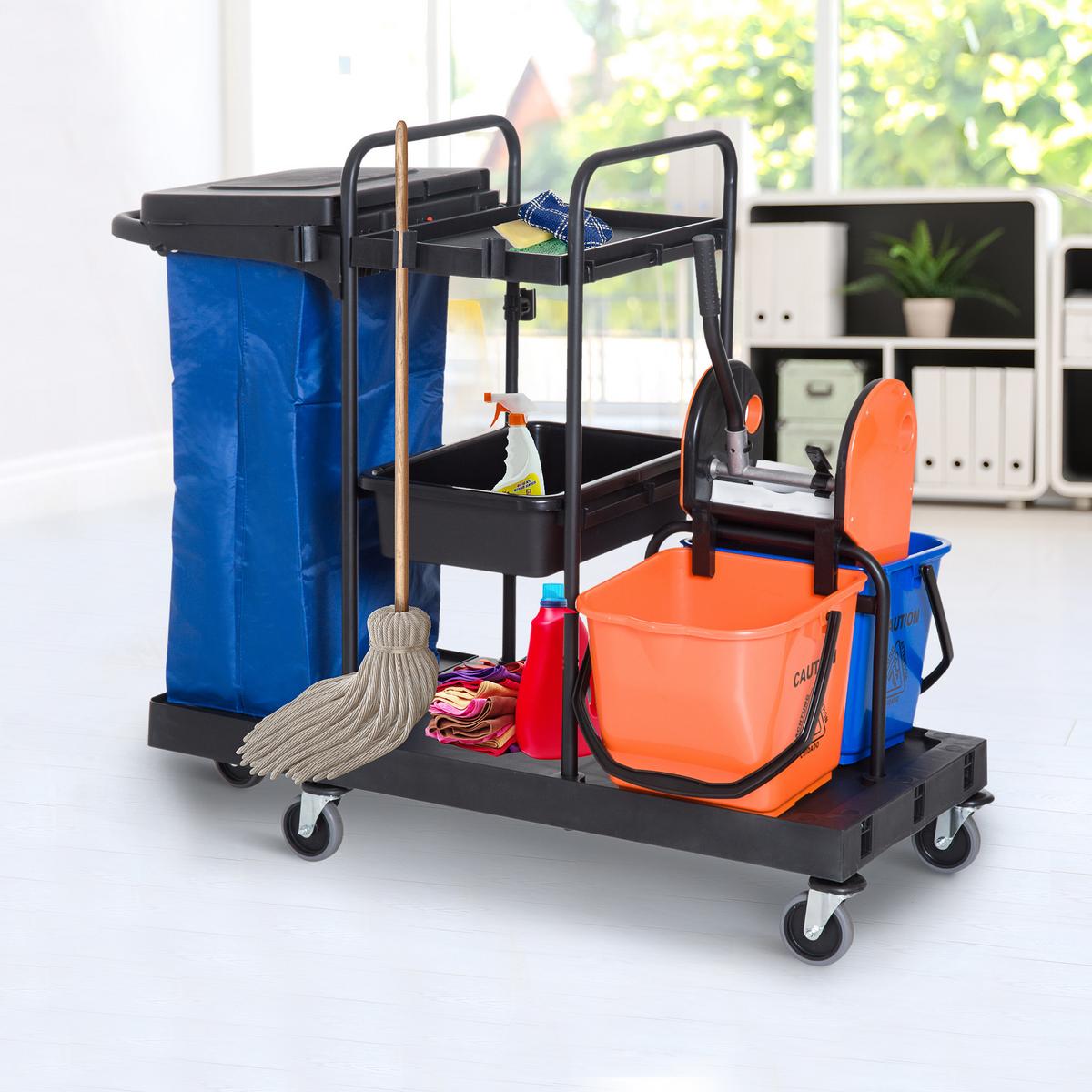 HOMCOM Reinigungstrolley – 4 leichtgängige Räder, Schwarz/Blau/Orange, 111 x 63,3 x 103 cm - Schwarz, Kunststoff/Metall (63.3/103/111cm) - HOMCOM