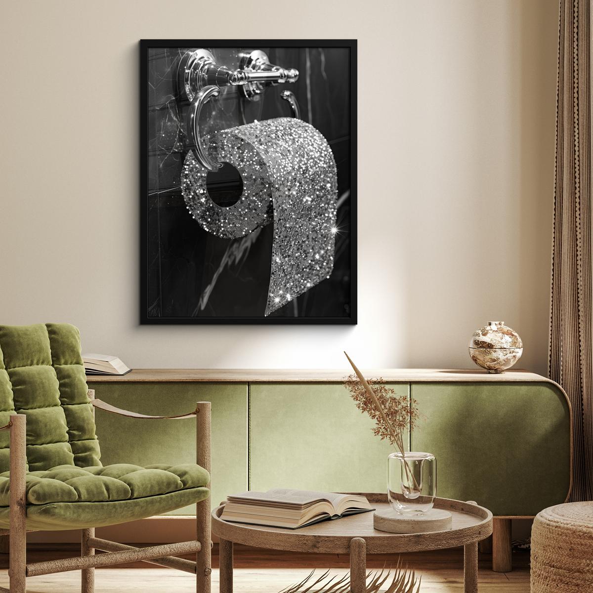 POSTER MIT RAHMEN WC - Toilettenpapier - Schwarz und weiß - Glitter Posterleiste 60x80 cm - Silberfarben, Papier (60/80cm) - MuchoWow