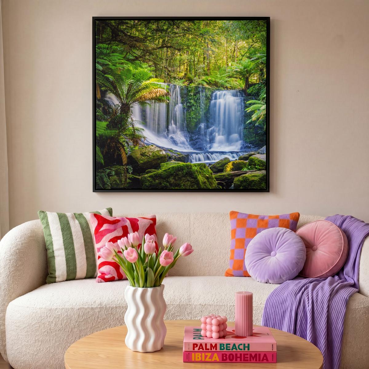 LEINWAND Bilder mit Rahmen - Dschungel - Wasserfall - Australien - Pflanzen - Natur - 90x90 - Dunkelgrün, Textil (90/90cm) - MuchoWow