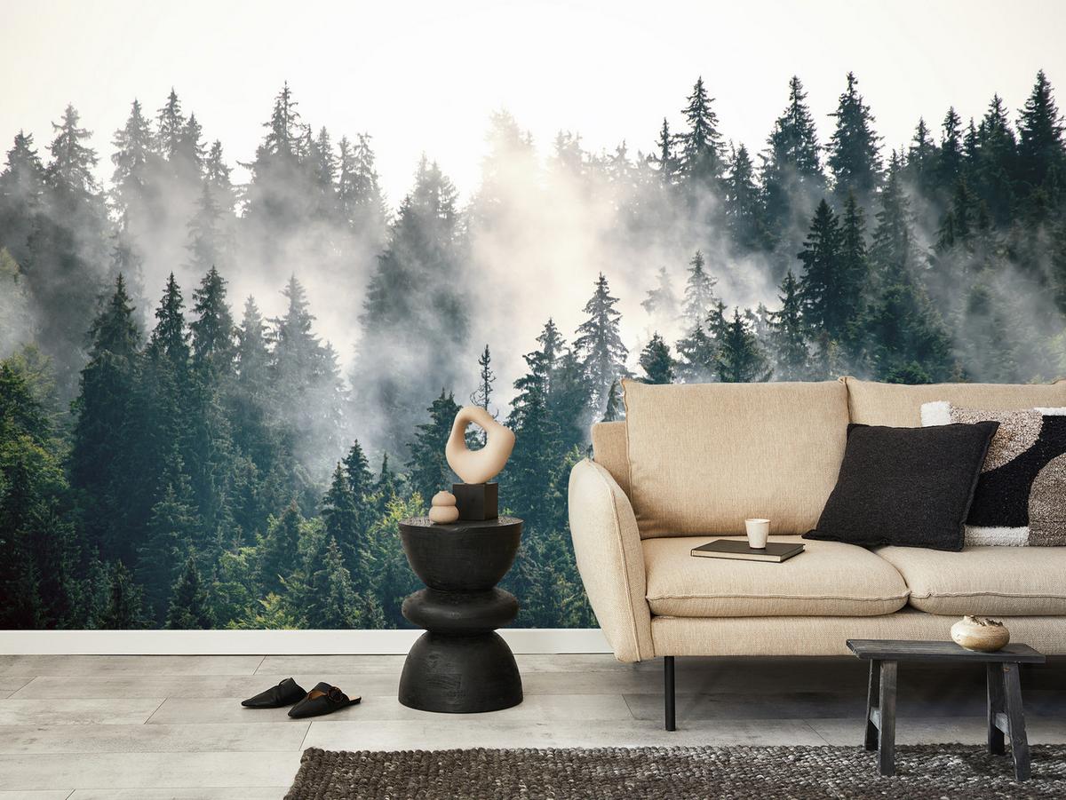 FOTOTAPETE für Wohnzimmer Nebeliger Nadelwald Berg Mystik Bäume 200x140 - Weiß/Grün, Papier (200/140cm) - Muralo