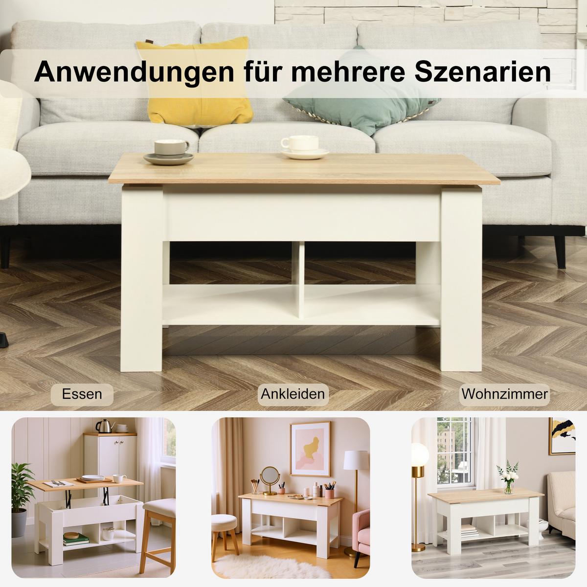 COUCHTISCH mit Lift-Top, Stauraum und Ablagefach, Weiß/Eiche - Goldfarben/Weiß, Holz (96/50/47cm) - Urban Meuble