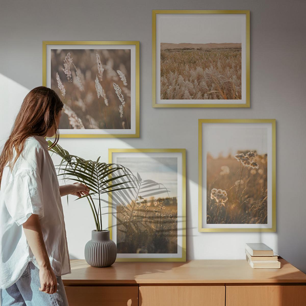 BILDER SET 4er Set - 50x50 cm & 40x60 cm Goldrahmen - Sommerwiesenblumen Sonnenuntergang - Goldfarben, Kunststoff (50/50cm) - TULUP