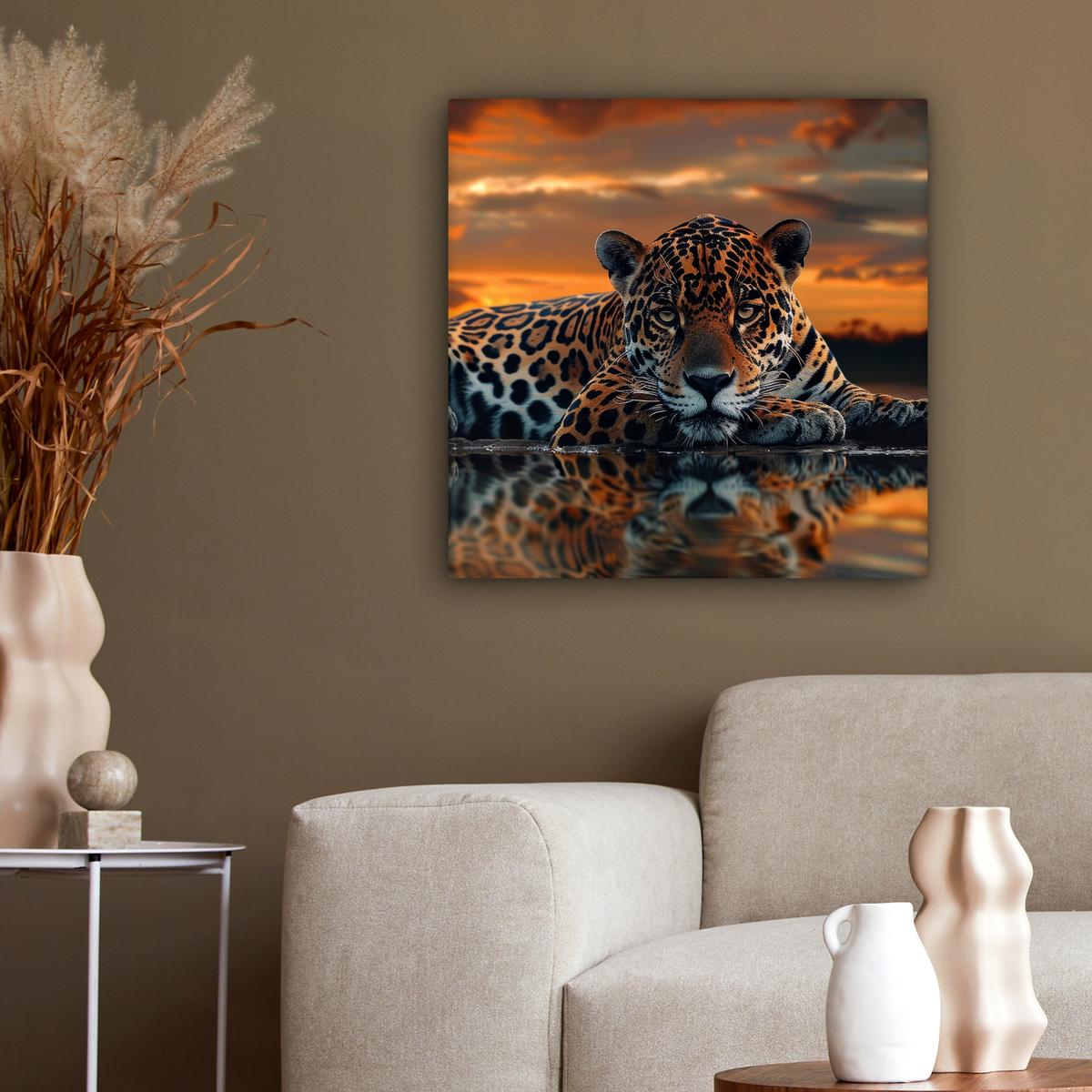 LEINWANDBILD Natur - Leopard - Tier - Sonnenuntergang - Modern Wandbild Wohnzimmer 50x50 cm - Orange, Textil (50/50cm) - MuchoWow