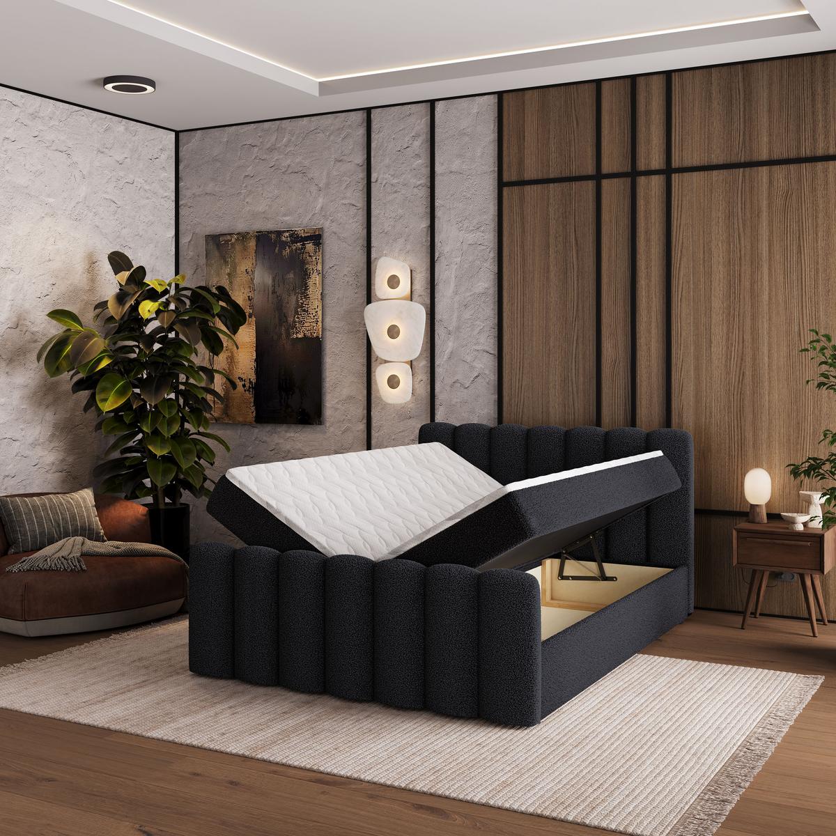 BOXBETT CELLA 180x200 cm mit Matratze und Topper - Schwarz - Schwarz, Holz (180/200cm) - MASSENO