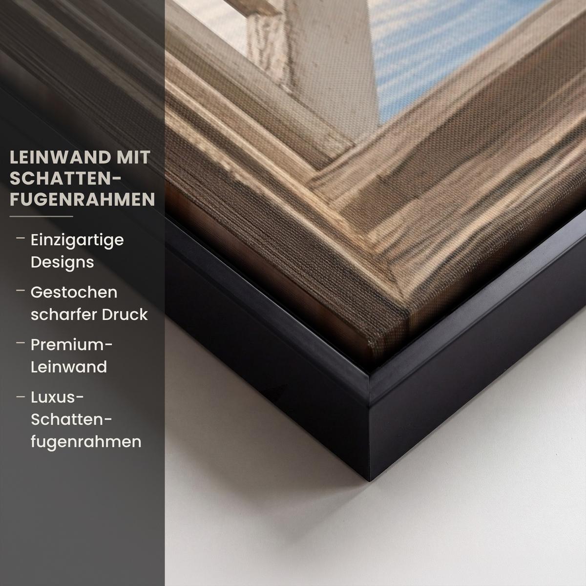 LEINWAND Bilder mit Rahmen - Aussicht - Strand - Fenster - Dünen - Meer - 60x90 - Hellblau, Textil (60/90cm) - MuchoWow