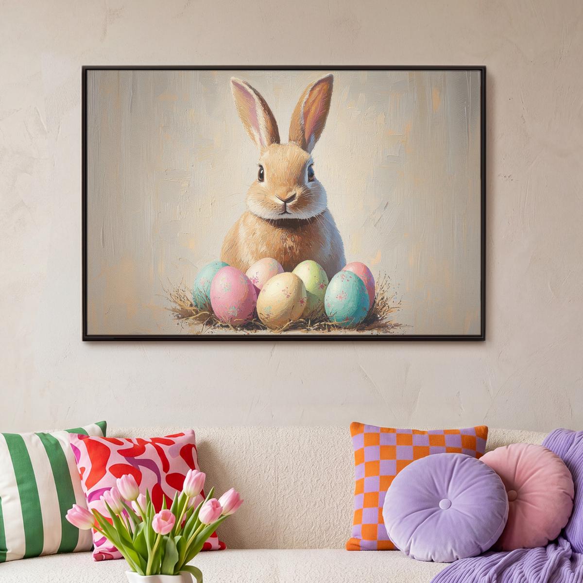 LEINWAND Bilder mit Rahmen - Osterhase - Pastell - Eier - 90x60 - Beige, Textil (90/60cm) - MuchoWow