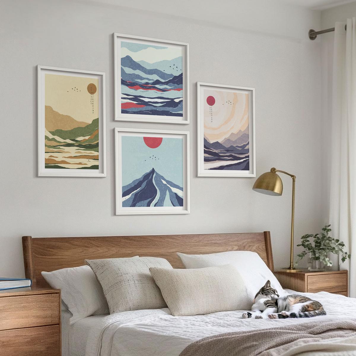 BILDER SET 4er Set - 50x50 cm & 40x60 cm Weißer Rahmen - Pastellfarbene Berge im Japandi-Stil - Weiß, Kunststoff (50/50cm) - TULUP