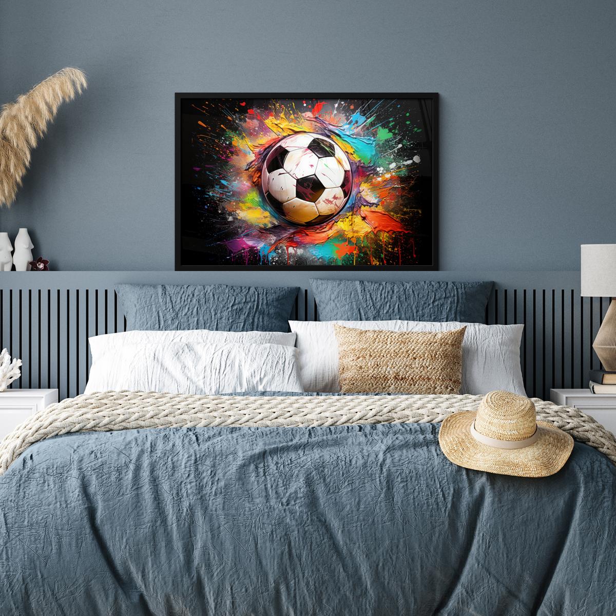 POSTER MIT RAHMENGERAHMTES BILD Fußball - Farbe - Farben - Schwarz - Weiß 90x60 cm - Weiß, Papier (90/60cm) - MuchoWow