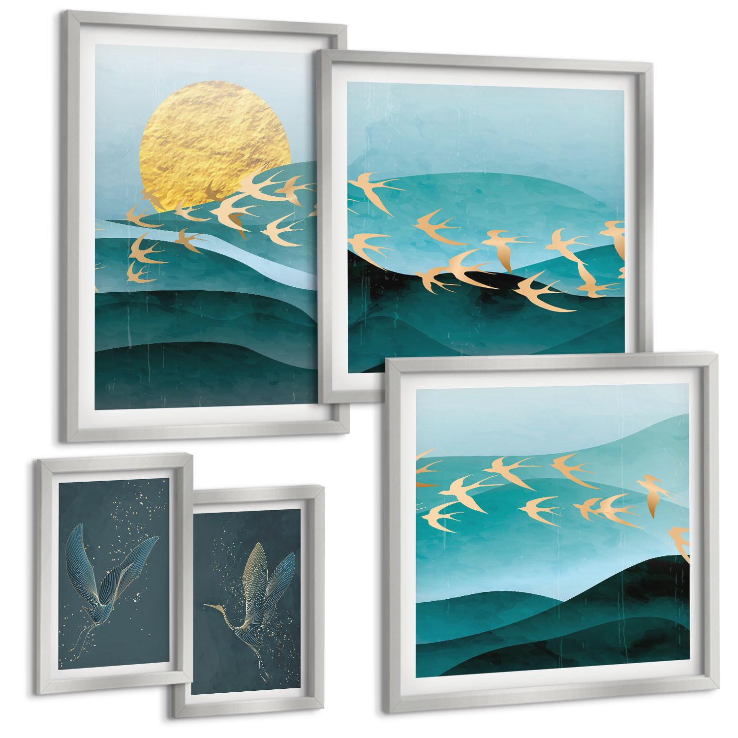 BILDER SET 5er Set - 50x50 cm & 20x30 cm & 40x60 cm Silberner Rahmen - Stilvolle Landschaften mit Vögeln - Silberfarben, Kunststoff (40/60cm) - TULUP