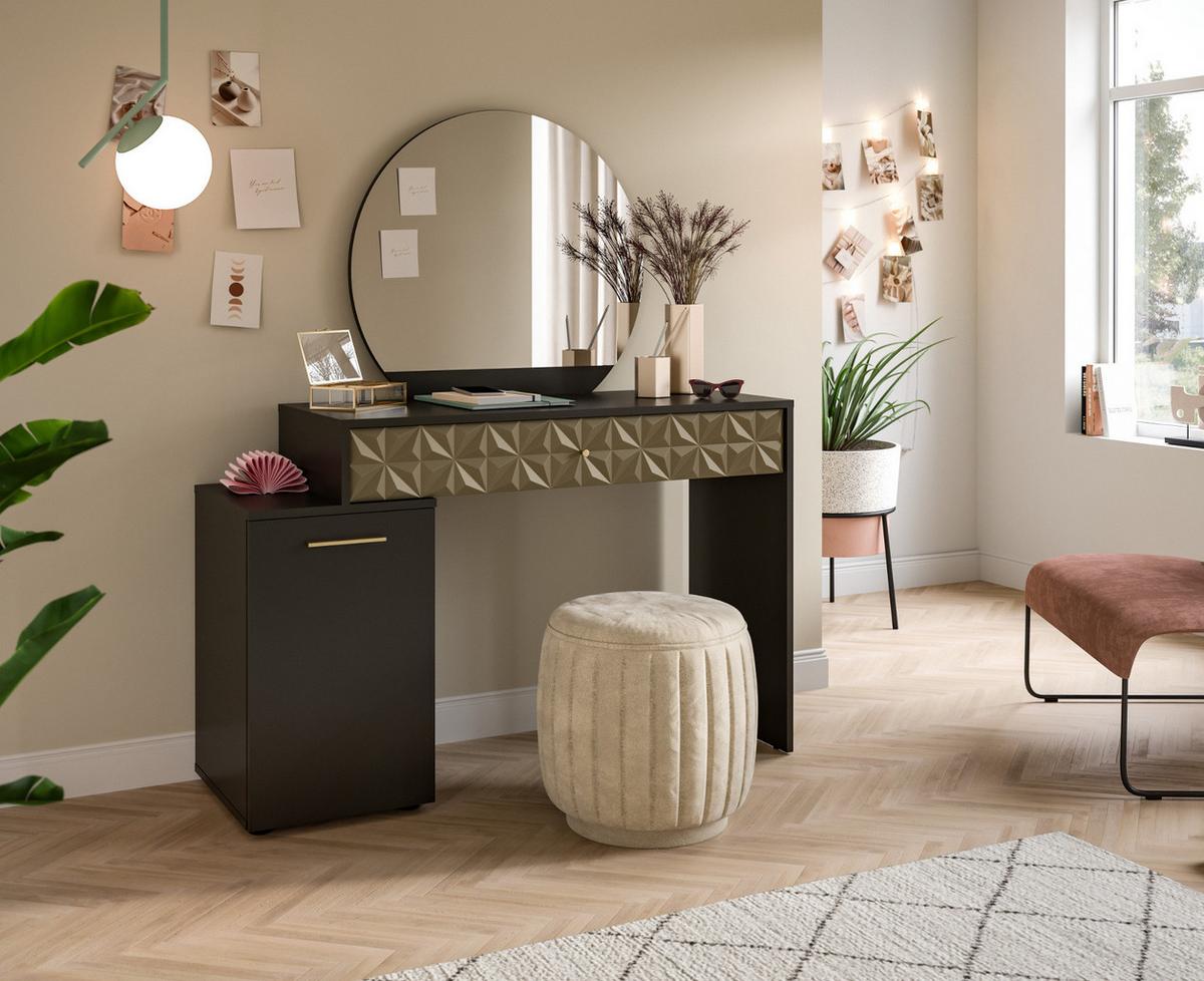 SCHMINKTISCH schwarz, Gold 117 cm mit Spiegel - Goldfarben/Schwarz, Holzwerkstoff/Kunststoff (117/137/42cm) - Inn.Furn