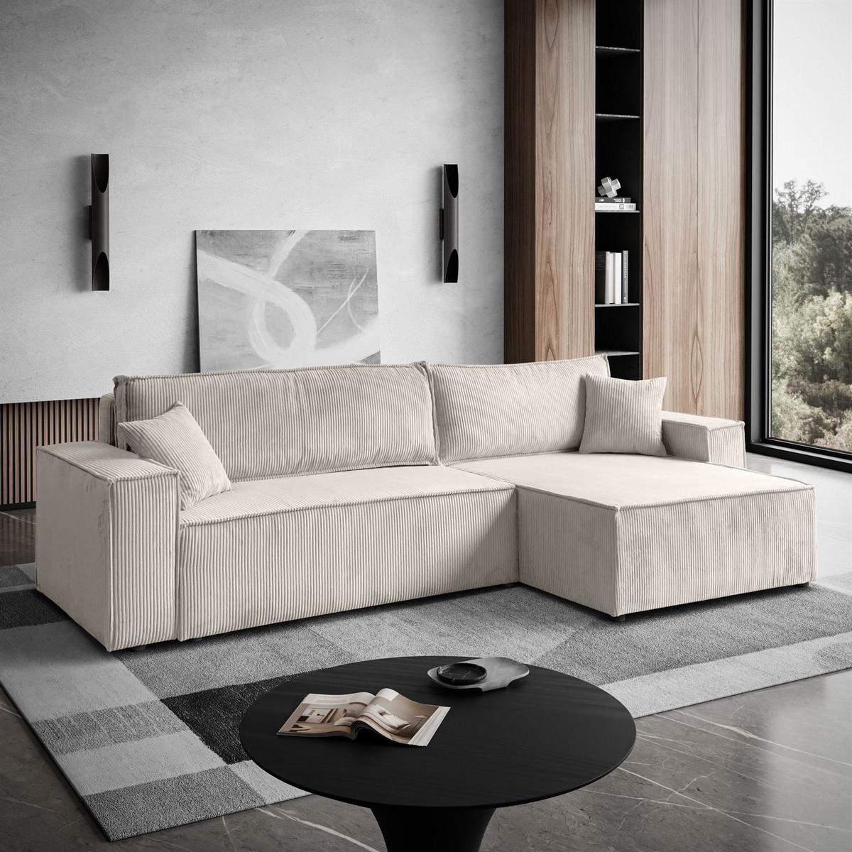 ECKSOFA Gepolstertes CARLO XL Cord mit Schlaffunktion und Bettkasten, Poso 100 - Ecru, Textil (277/143cm) - Lookway