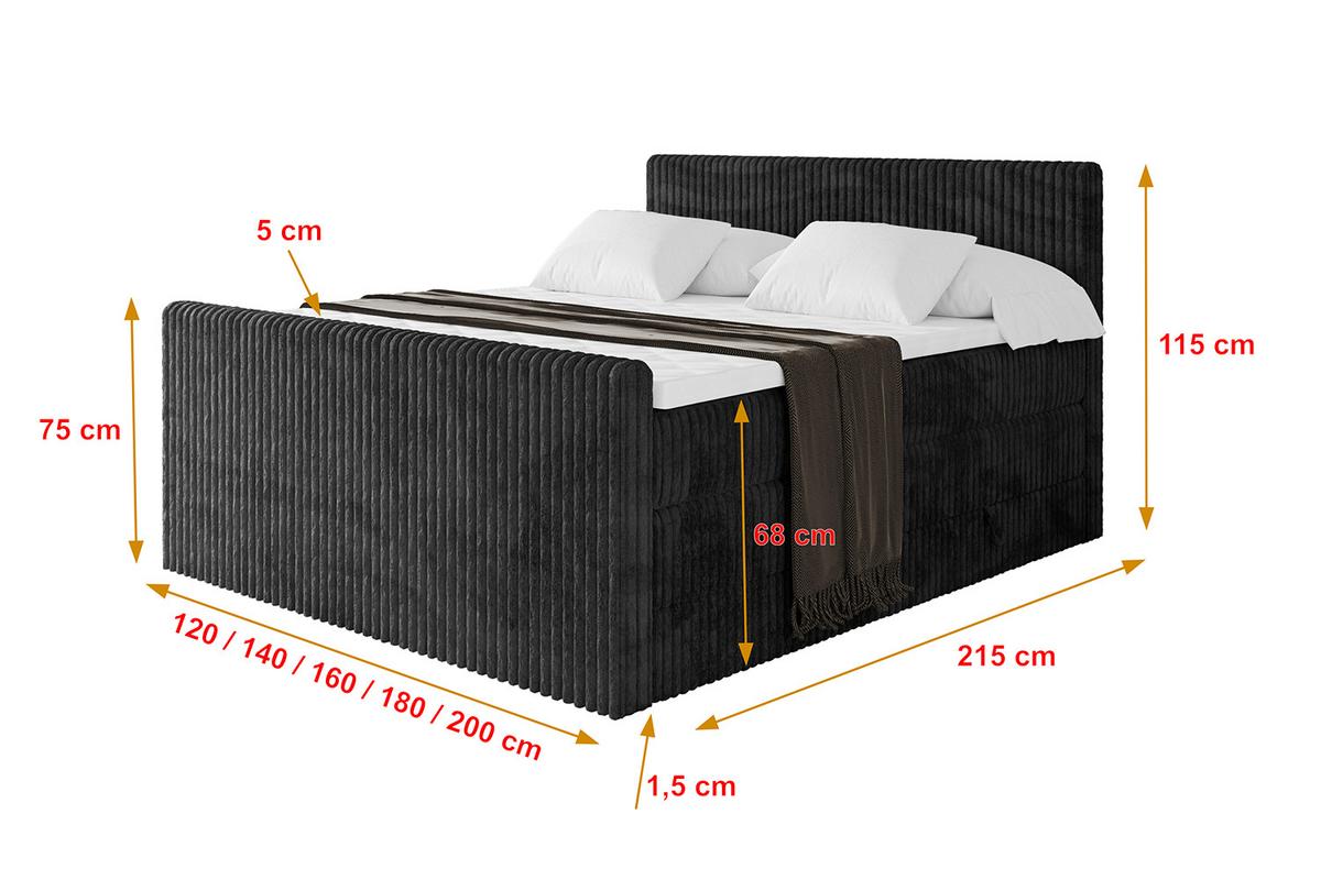 BOXSPRINGBETT mit Matratze H3|H4 und Lattenrost - TOLO-Z KING 120x200 Cord - Schwarz - Schwarz, Holzwerkstoff (120/200cm) - ALTDECOR