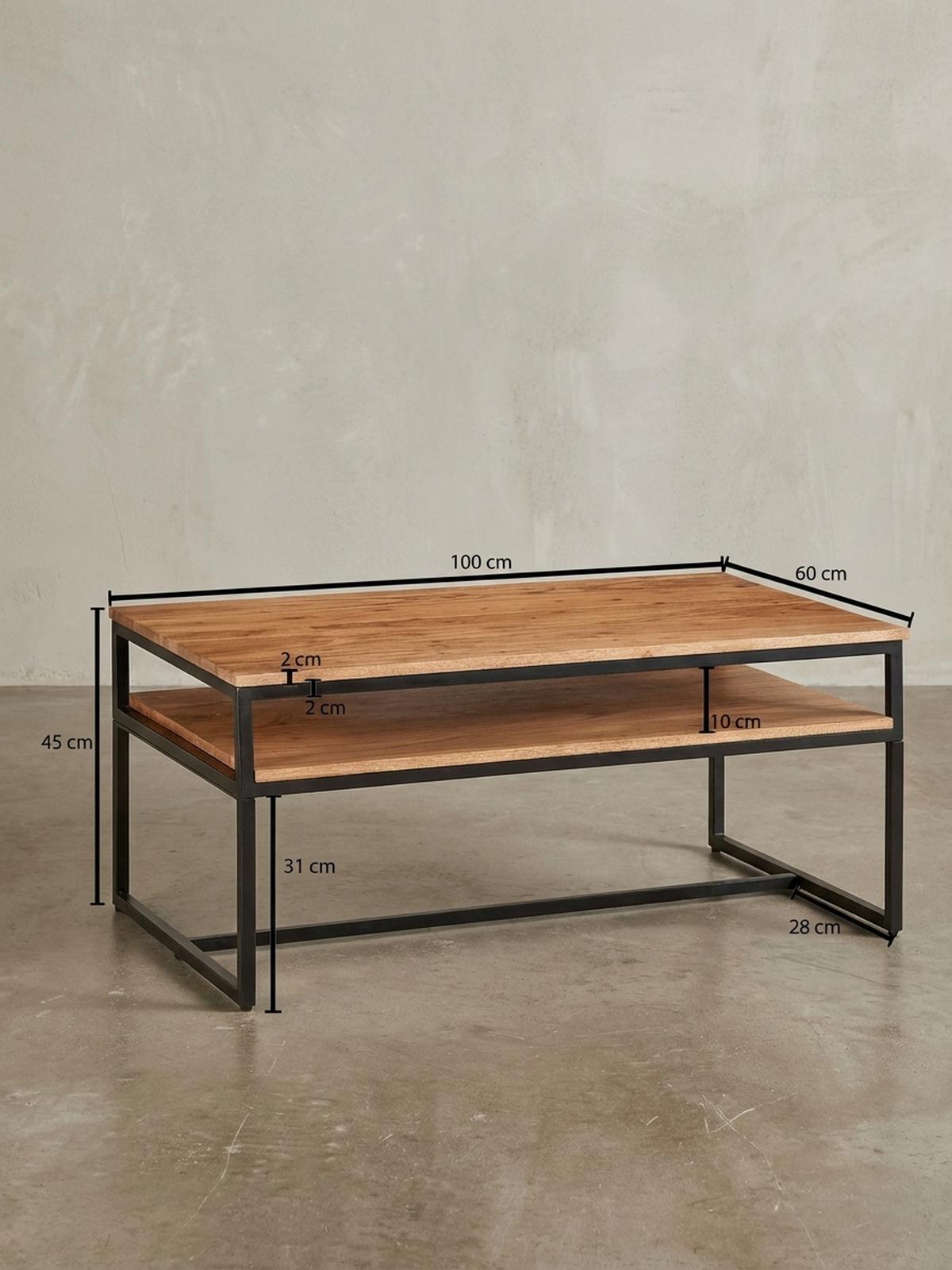 COUCHTISCH Industrial Vintage, Akazienholz und Eisen, 2 Ablagen, Belastbarkeit 15 kg - Beige/Schwarz, Holz/Metall (60/100/45cm) - KADIMA DESIGN