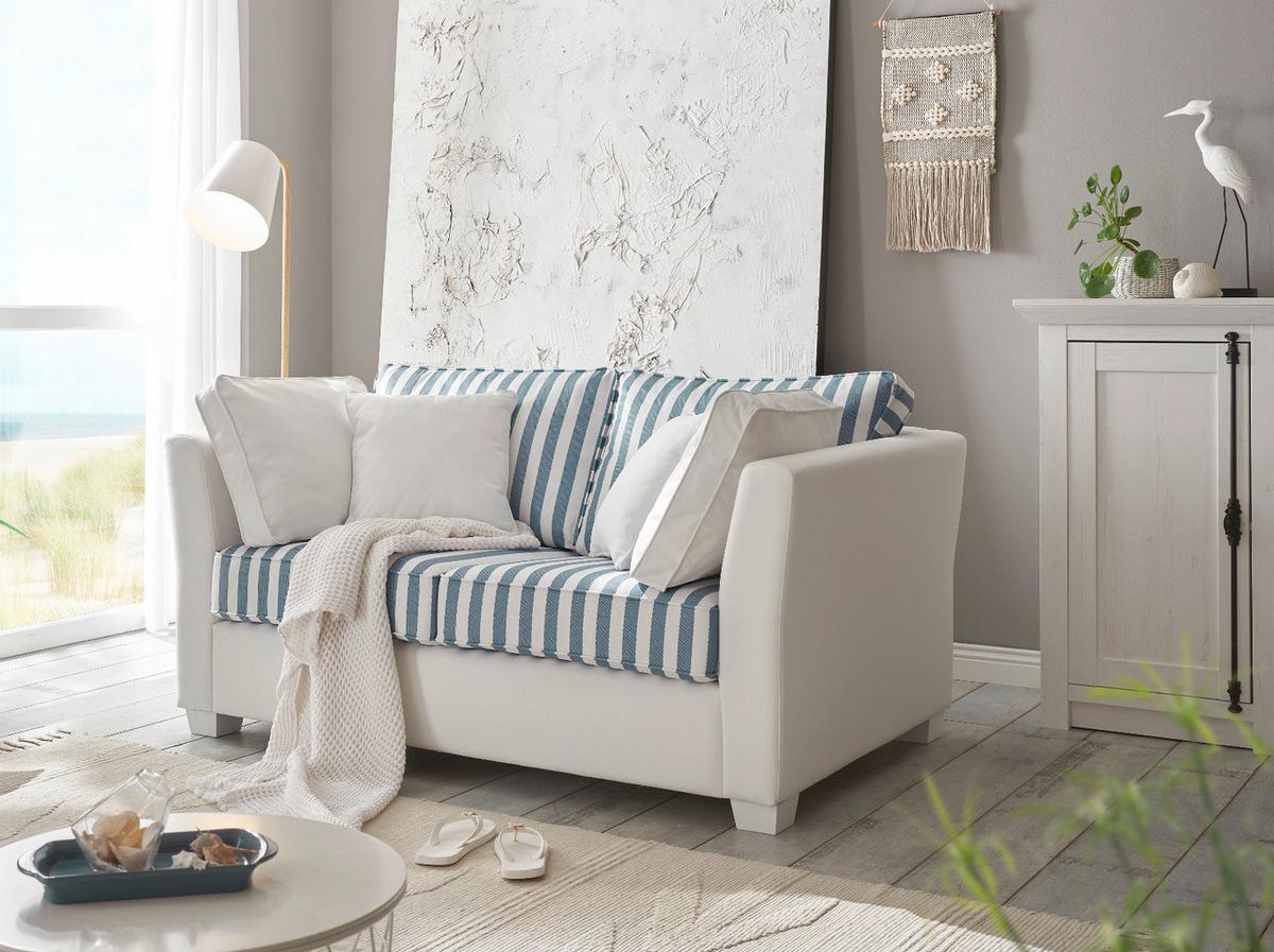 SOFA 2-Sitzer creme blau gestreift, Landhaus 160 cm, Couch inklusive 4 Kissen - Blau/Creme, Holz/Textil (160/88/96cm) - Furn.Design