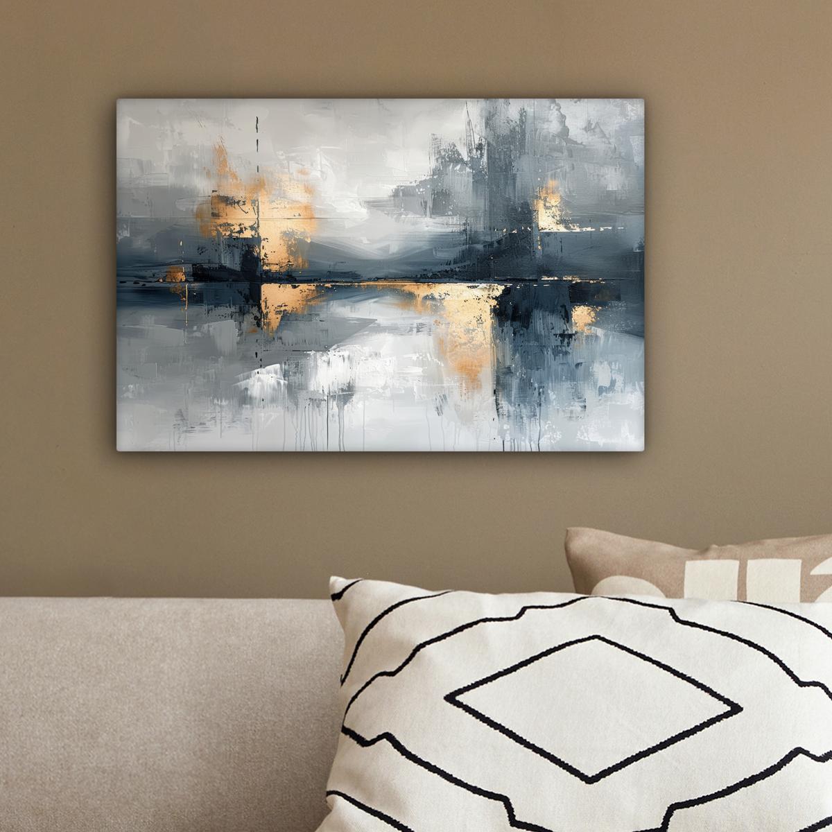 LEINWANDBILD Kunst - Grau - Gold - Abstrakt Deko Schlafzimmer 30x20 cm - Dunkelgrau, Textil (30/20cm) - MuchoWow