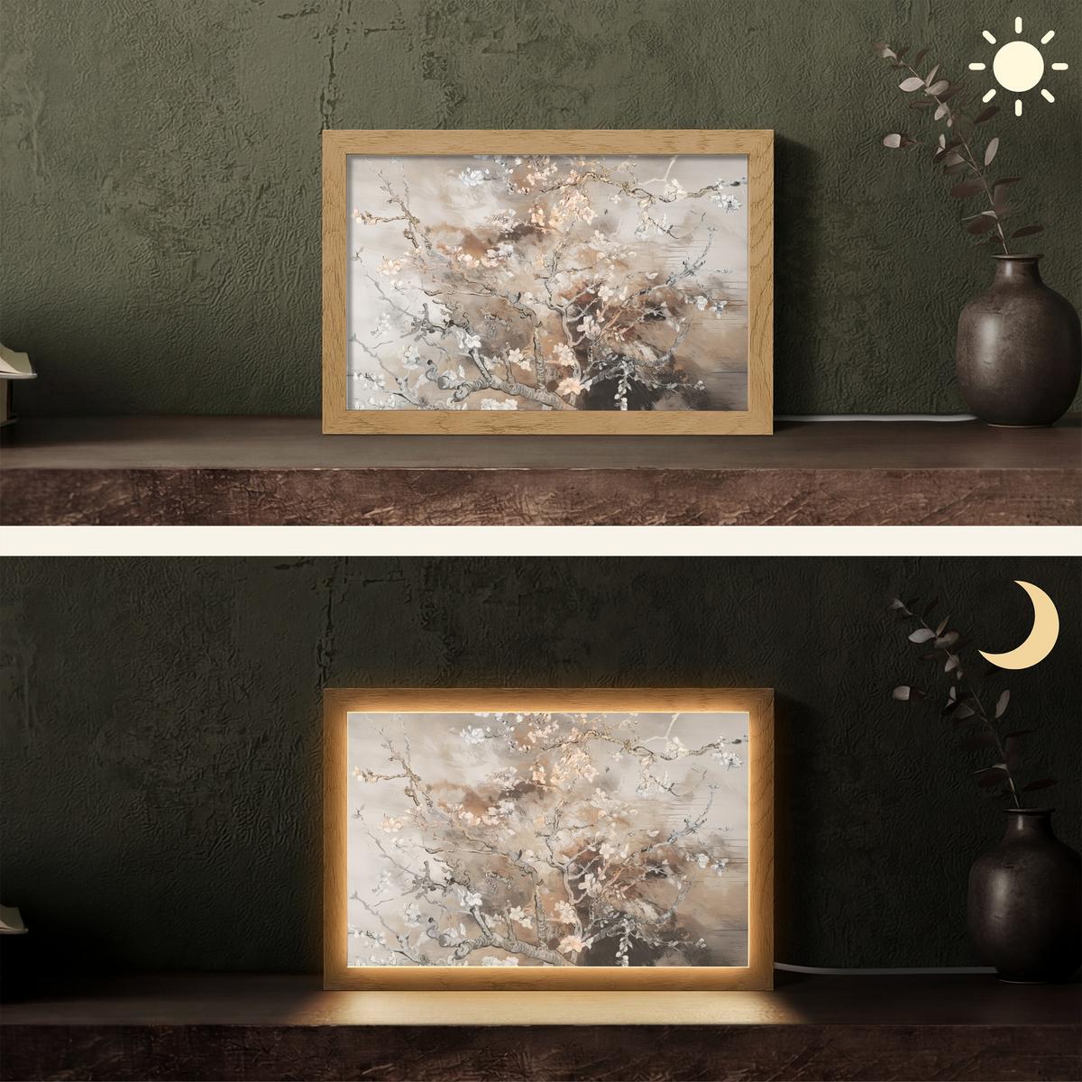 TISCHLEUCHTE Mandelblüte - Kunst - Van Gogh - Beige - Abstrakt 30x20 cm - Ahornfarben, Holzwerkstoff (8/30/20cm) - OnlyWow
