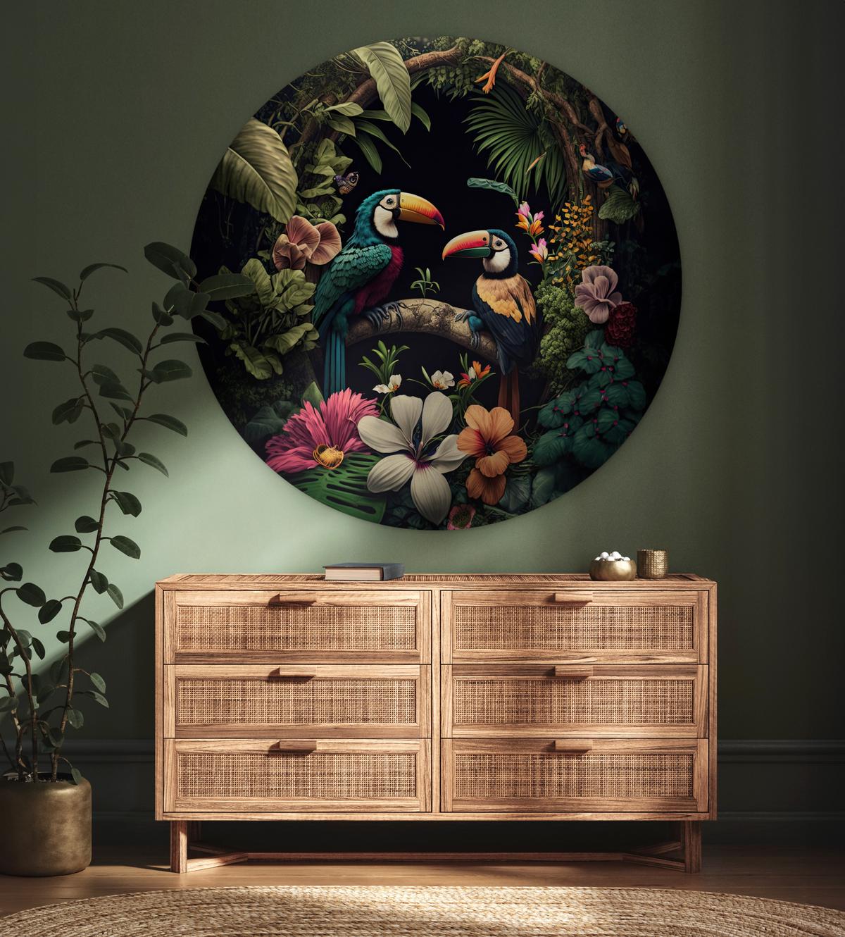 WANDBILD Vogel - Blumen - Pflanzen - Dschungel - Schwarz - Tukan Deko Groß 150x150 cm - Smaragdgrün, Kunststoff (150/150cm) - MuchoWow