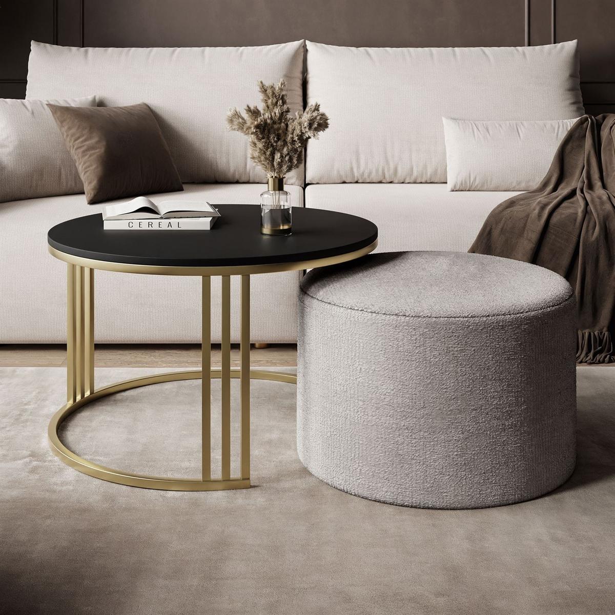 COUCHTISCH mit Hocker LORI MAT gebürstetes Gold/schwarz matt/Perfect Harmony 82 - Schwarz, Metall (70/70/49cm) - Lookway