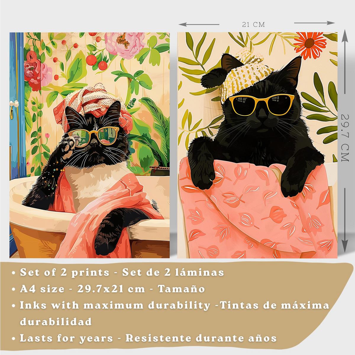 POSTER 2er Kunstdruck-Set Wandbilder Katzen Badezimmer modern Wohnzimmer Deko, Schlafzimmer, Küche Schwarzer Rahmen A4 - Schwarz, Papier (29.7/1/21cm) - Nacnic