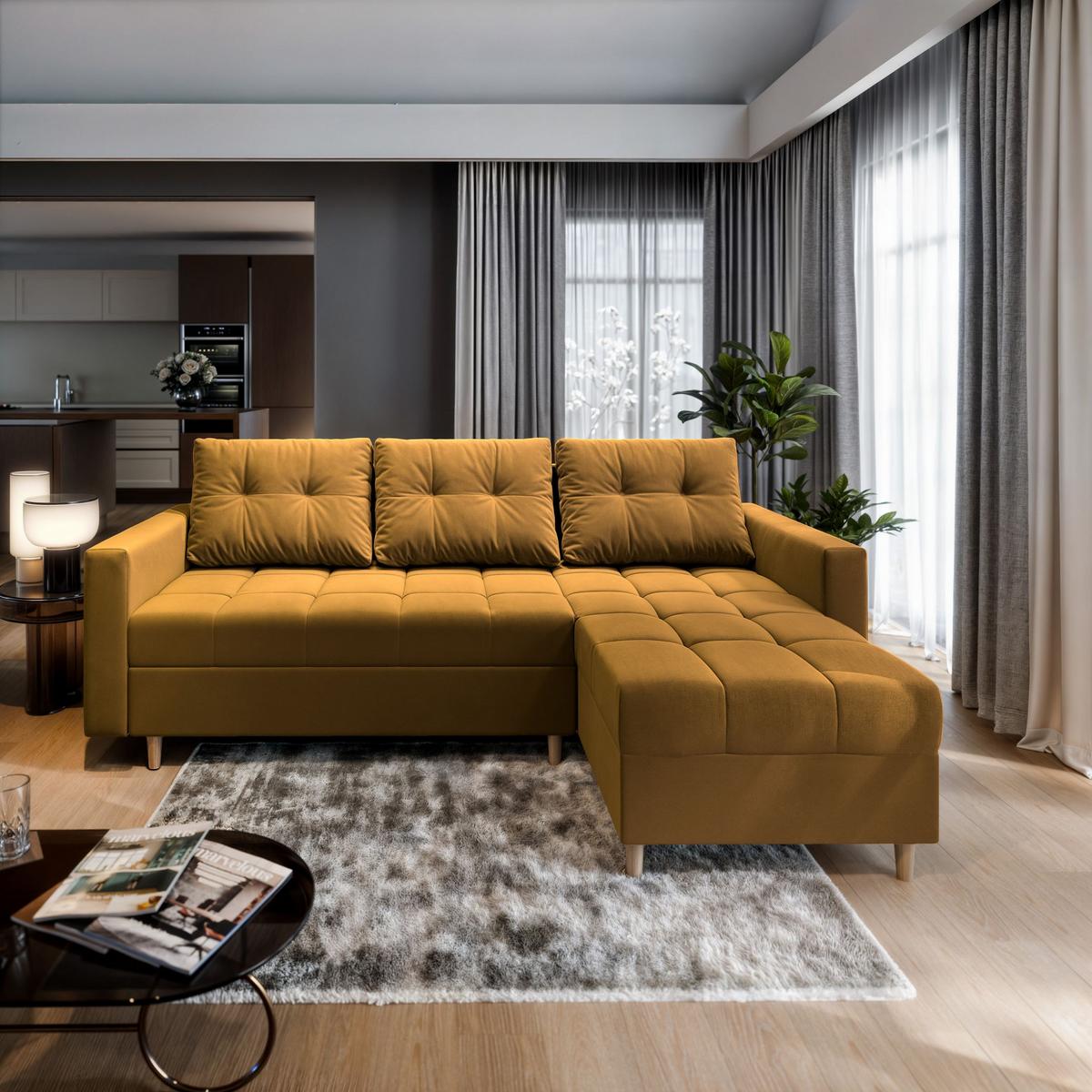 ECKSOFA MILO L Gelb Plüsch-Stoff mit Schlaffunktion - Gelb/Braun, Holz/Textil (220/140cm) - MASSENO