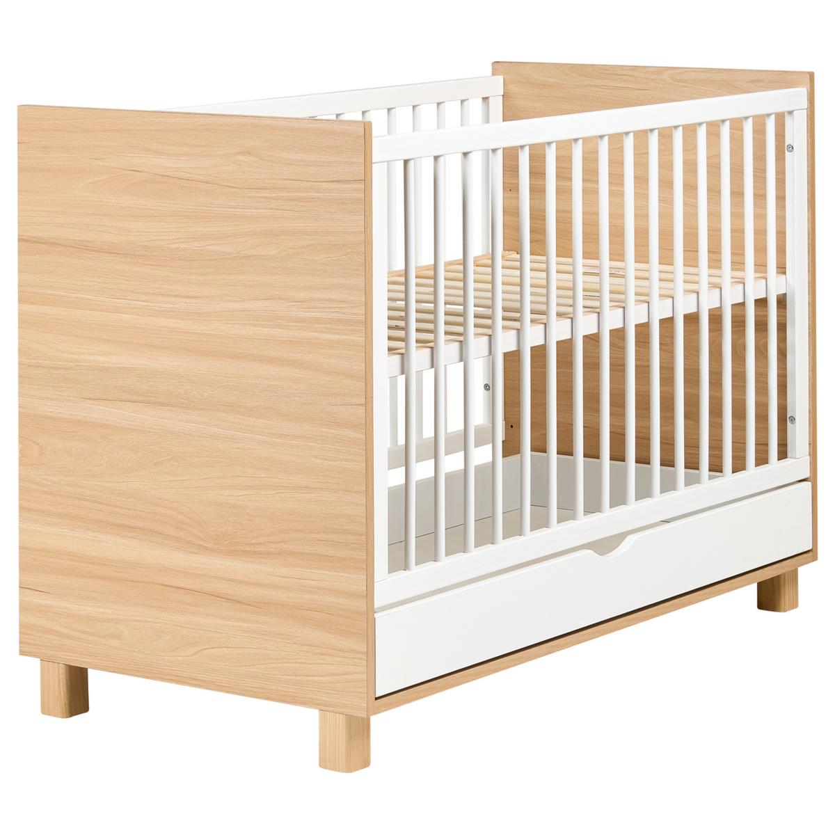 BABYBETT mit Schublade 60/120 cm Weiß Gunnar - Hellbraun/Weiß, Holzwerkstoff (60/120cm) - Beliani