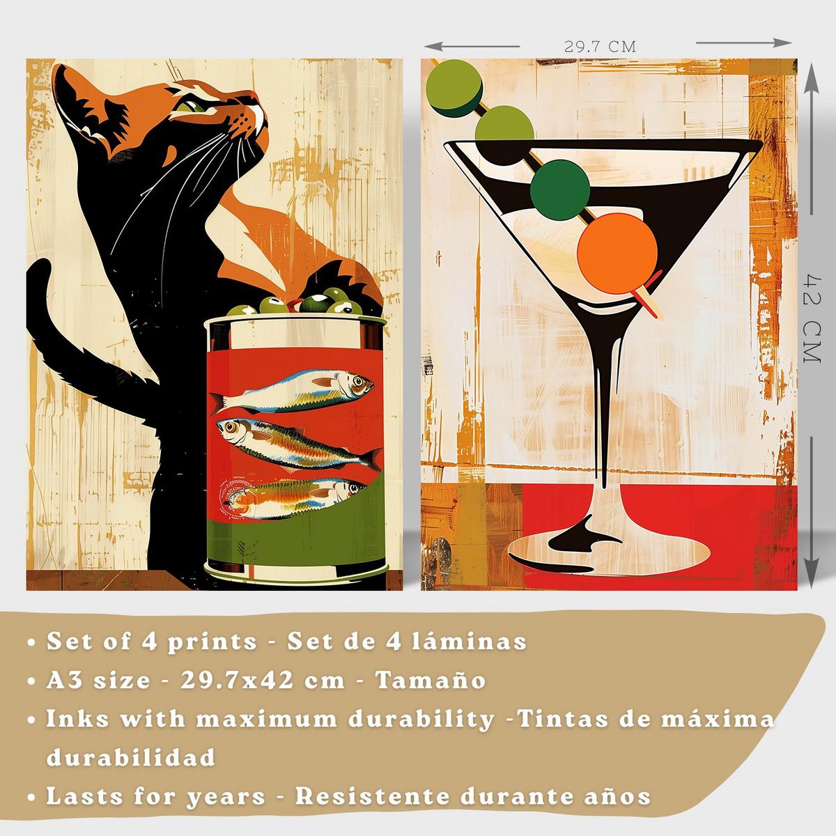 POSTER 4er Set Küchen-Wandbilder Vintage Katze Sardinen Martini Wein und Pasta Retro Esszimmer Bar Deko Schwarzer Rahmen A3 - Schwarz, Papier (29.7/1/42cm) - Nacnic