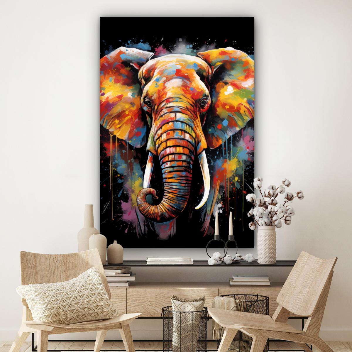 LEINWANDBILD Elefant - Graffiti - Schwarz - Tiere - Farben Deko Groß 90x140 cm - Schwarz, Textil (90/140cm) - MuchoWow