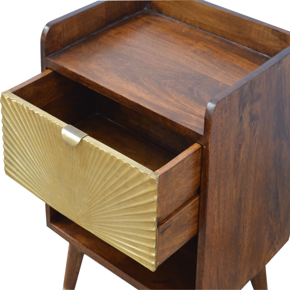 NACHTTISCH aus Massivholz, 1 Schublade, 1 Offenes Fach, Nordische Beine, Braun und Goldfarben - Messingfarben/Braun, Holz/Metall (45/58/35cm) - Artisan Furniture